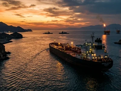 Large oil tanker transiting the Strait of Hormuz at sunset with military vessels and flaming oil platforms in the background