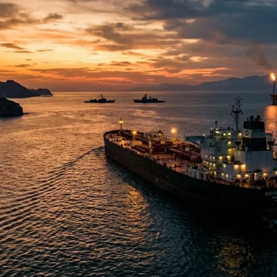Large oil tanker transiting the Strait of Hormuz at sunset with military vessels and flaming oil platforms in the background