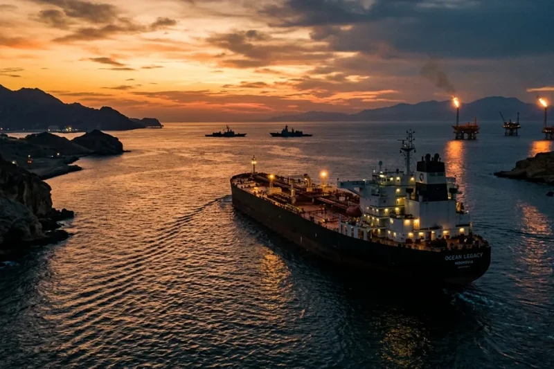 Large oil tanker transiting the Strait of Hormuz at sunset with military vessels and flaming oil platforms in the background
