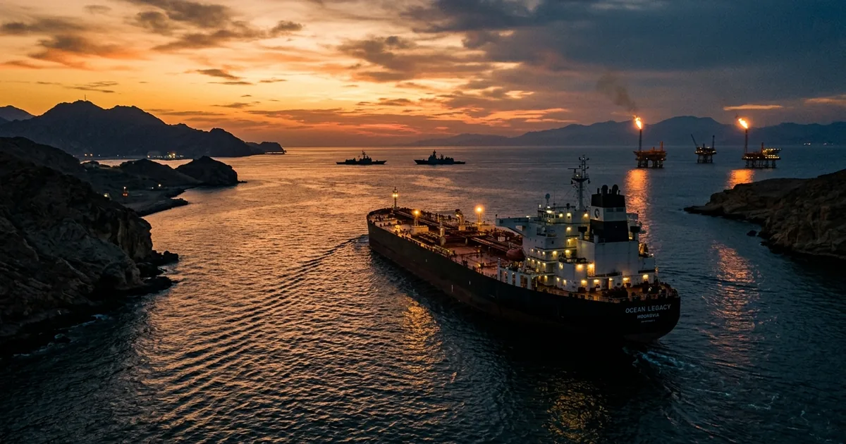 Large oil tanker transiting the Strait of Hormuz at sunset with military vessels and flaming oil platforms in the background