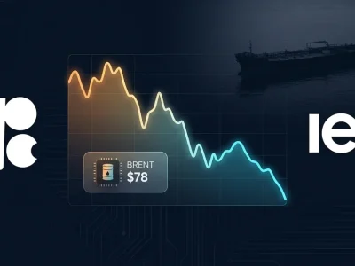 OPEC emblem and IEA wordmark flanking a downward Brent crude price chart with a BRENT 78 dollar chip and an oil supertanker silhouette