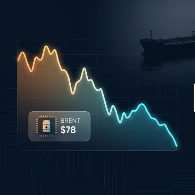 OPEC emblem and IEA wordmark flanking a downward Brent crude price chart with a BRENT 78 dollar chip and an oil supertanker silhouette