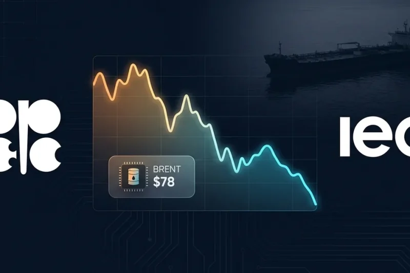 OPEC emblem and IEA wordmark flanking a downward Brent crude price chart with a BRENT 78 dollar chip and an oil supertanker silhouette
