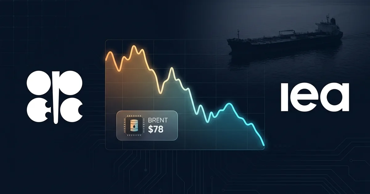 OPEC emblem and IEA wordmark flanking a downward Brent crude price chart with a BRENT 78 dollar chip and an oil supertanker silhouette