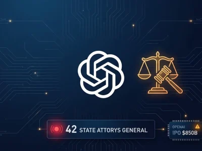 OpenAI logo with scales of justice gavel and 42 state attorneys general data panel plus IPO 50B warning indicator on dark navy background