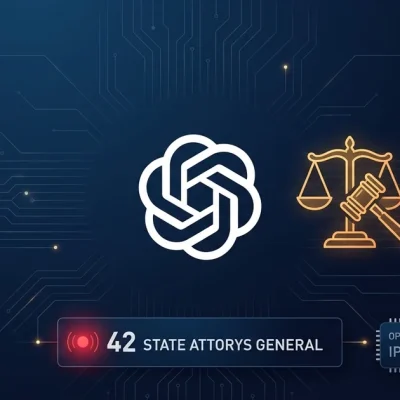 OpenAI logo with scales of justice gavel and 42 state attorneys general data panel plus IPO 50B warning indicator on dark navy background