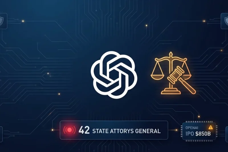 OpenAI logo with scales of justice gavel and 42 state attorneys general data panel plus IPO 50B warning indicator on dark navy background