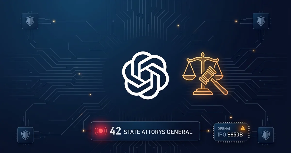 OpenAI logo with scales of justice gavel and 42 state attorneys general data panel plus IPO 50B warning indicator on dark navy background