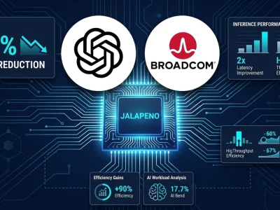 OpenAI and Broadcom logos alongside the Jalapeno custom inference chip with 50 percent cost reduction and performance metrics on a dark circuit-board background