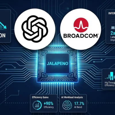 OpenAI and Broadcom logos alongside the Jalapeno custom inference chip with 50 percent cost reduction and performance metrics on a dark circuit-board background