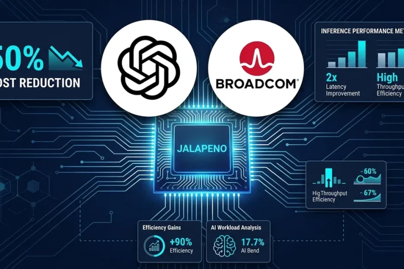 OpenAI and Broadcom logos alongside the Jalapeno custom inference chip with 50 percent cost reduction and performance metrics on a dark circuit-board background