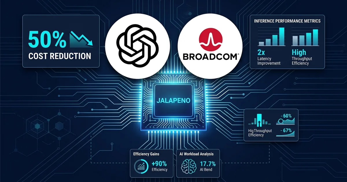 OpenAI and Broadcom logos alongside the Jalapeno custom inference chip with 50 percent cost reduction and performance metrics on a dark circuit-board background