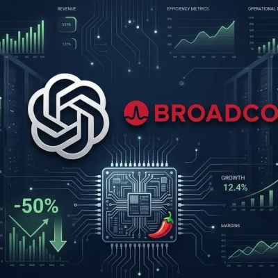 OpenAI and Broadcom logos with custom silicon chip illustration showing minus 50 percent cost savings on dark dashboard background with server racks