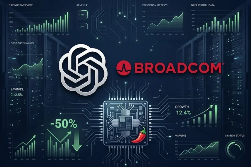OpenAI and Broadcom logos with custom silicon chip illustration showing minus 50 percent cost savings on dark dashboard background with server racks