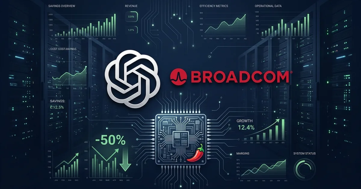 OpenAI and Broadcom logos with custom silicon chip illustration showing minus 50 percent cost savings on dark dashboard background with server racks
