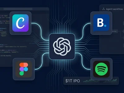 OpenAI logo at center connected to Canva Figma Spotify and Booking app icons with code editor and agent workflow on dark navy background