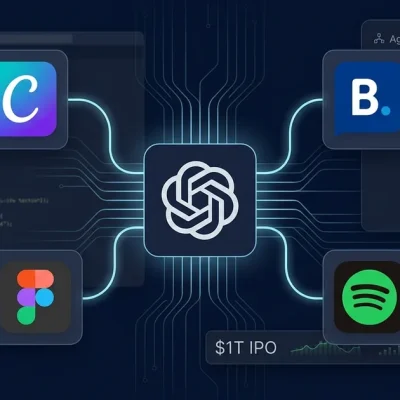 OpenAI logo at center connected to Canva Figma Spotify and Booking app icons with code editor and agent workflow on dark navy background