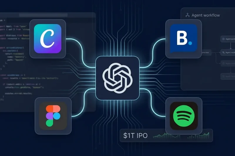 OpenAI logo at center connected to Canva Figma Spotify and Booking app icons with code editor and agent workflow on dark navy background