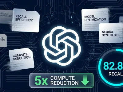 OpenAI logo surrounded by floating memory synthesis cards, 82.8 percent recall indicator, 5x compute reduction bar on dark navy circuit board background