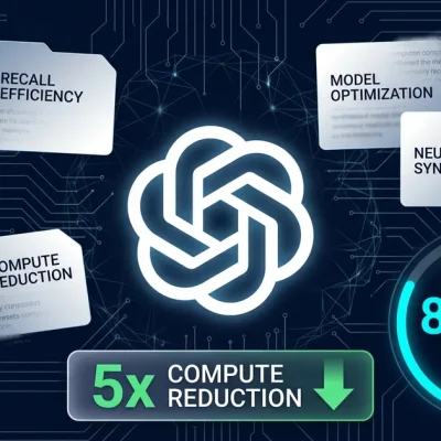 OpenAI logo surrounded by floating memory synthesis cards, 82.8 percent recall indicator, 5x compute reduction bar on dark navy circuit board background