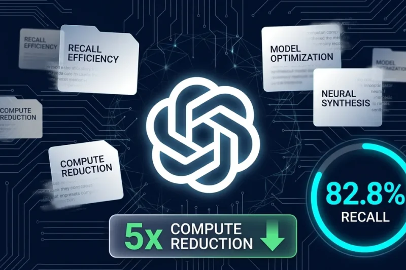 OpenAI logo surrounded by floating memory synthesis cards, 82.8 percent recall indicator, 5x compute reduction bar on dark navy circuit board background