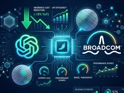 OpenAI and Broadcom logos flanking a glowing Jalapeno inference chip on dark financial dashboard with cost reduction and performance metrics