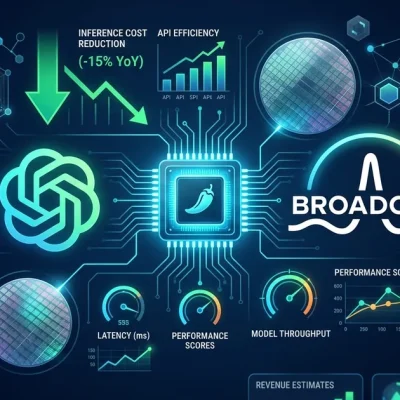 OpenAI and Broadcom logos flanking a glowing Jalapeno inference chip on dark financial dashboard with cost reduction and performance metrics