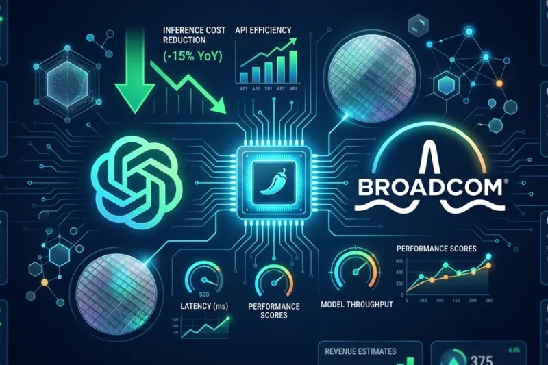 OpenAI and Broadcom logos flanking a glowing Jalapeno inference chip on dark financial dashboard with cost reduction and performance metrics