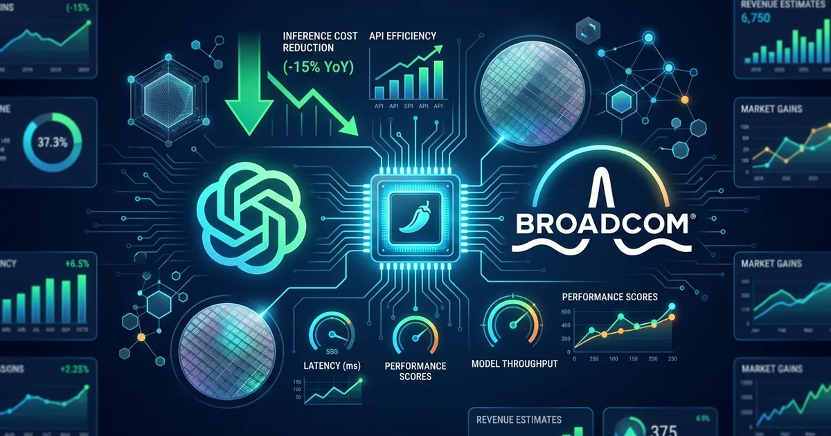 OpenAI and Broadcom logos flanking a glowing Jalapeno inference chip on dark financial dashboard with cost reduction and performance metrics