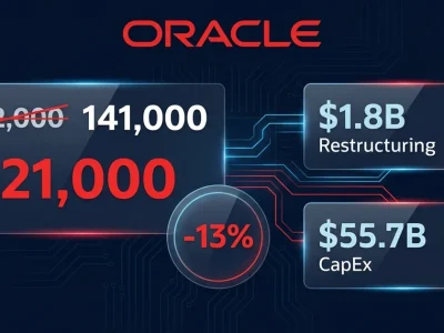 Oracle logo with workforce reduction data panels showing 21000 job cuts on dark navy background