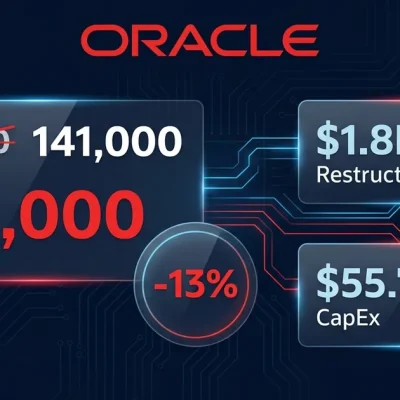 Oracle logo with workforce reduction data panels showing 21000 job cuts on dark navy background