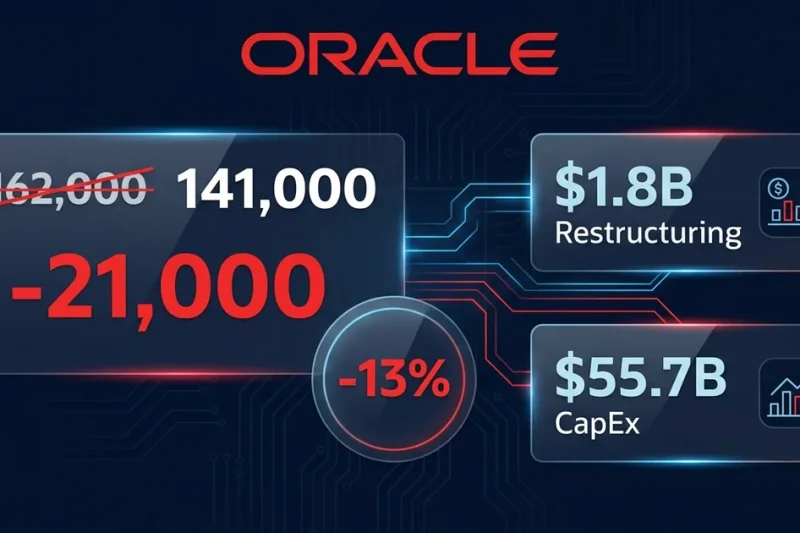 Oracle logo with workforce reduction data panels showing 21000 job cuts on dark navy background