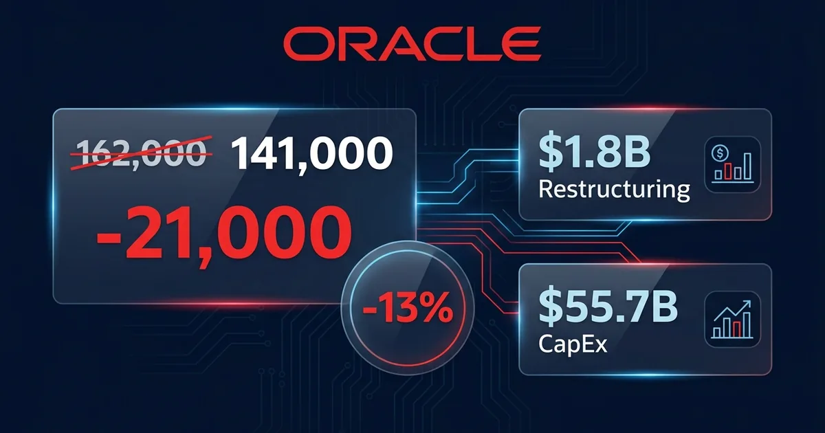 Oracle logo with workforce reduction data panels showing 21000 job cuts on dark navy background