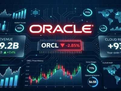 Oracle logo on dark dashboard showing ORCL ticker, 9.2B revenue, and cloud revenue up 93% year over year