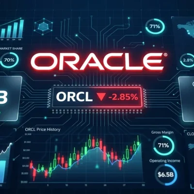 Oracle logo on dark dashboard showing ORCL ticker, 9.2B revenue, and cloud revenue up 93% year over year