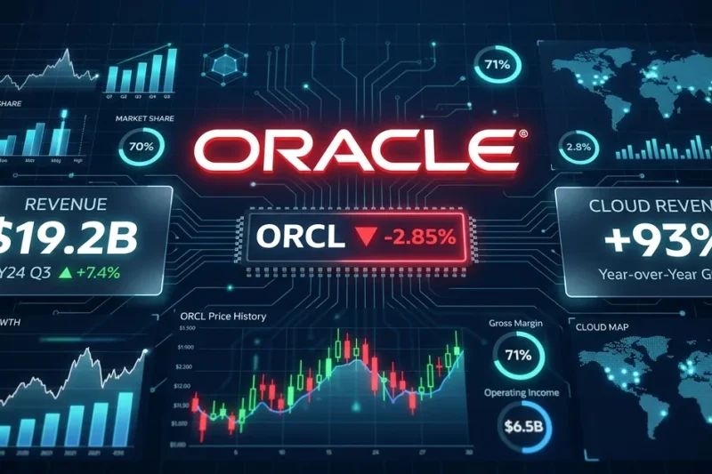 Oracle logo on dark dashboard showing ORCL ticker, 9.2B revenue, and cloud revenue up 93% year over year
