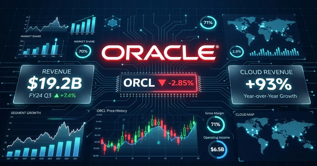 Oracle logo on dark dashboard showing ORCL ticker, 9.2B revenue, and cloud revenue up 93% year over year