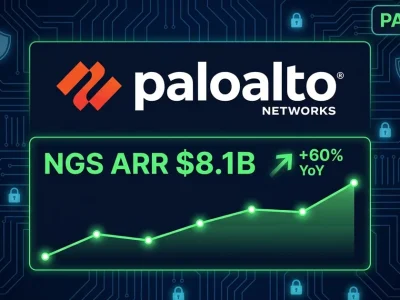 Palo Alto Networks logo with NGS ARR .1B growth chart and PANW ticker on dark cybersecurity-themed financial dashboard