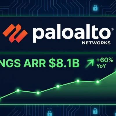 Palo Alto Networks logo with NGS ARR .1B growth chart and PANW ticker on dark cybersecurity-themed financial dashboard