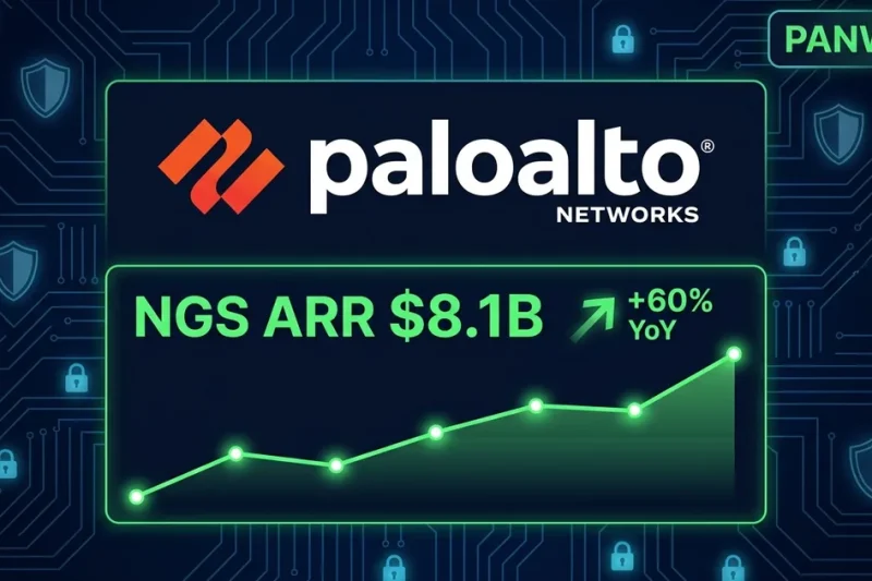 Palo Alto Networks logo with NGS ARR .1B growth chart and PANW ticker on dark cybersecurity-themed financial dashboard