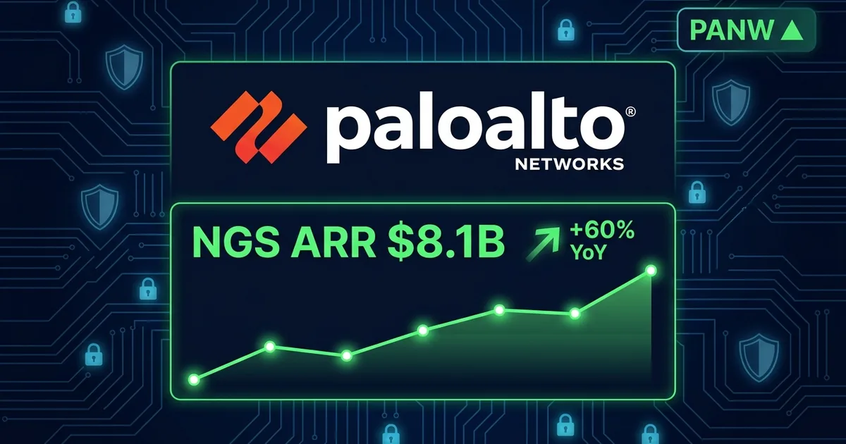 Palo Alto Networks logo with NGS ARR .1B growth chart and PANW ticker on dark cybersecurity-themed financial dashboard