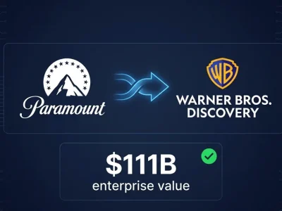 Paramount and Warner Bros Discovery logos with 11 billion enterprise value data panel and streaming service brand chips on dark navy background
