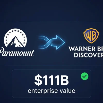 Paramount and Warner Bros Discovery logos with 11 billion enterprise value data panel and streaming service brand chips on dark navy background