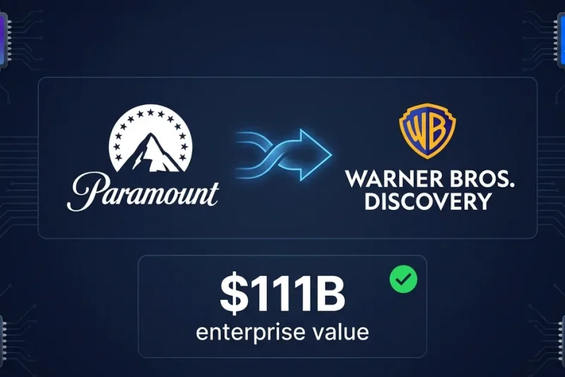 Paramount and Warner Bros Discovery logos with 11 billion enterprise value data panel and streaming service brand chips on dark navy background