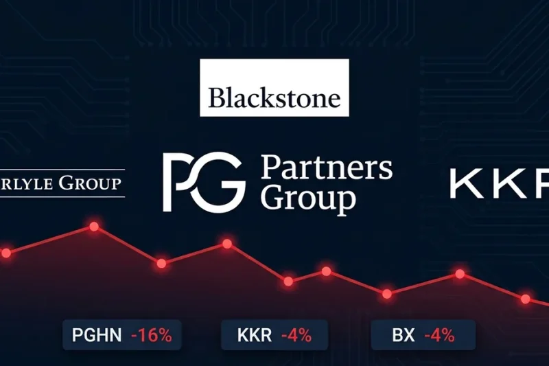 Partners Group, KKR, Blackstone, and Carlyle Group logos with red downward stock chart and ticker declines on dark navy financial dashboard background
