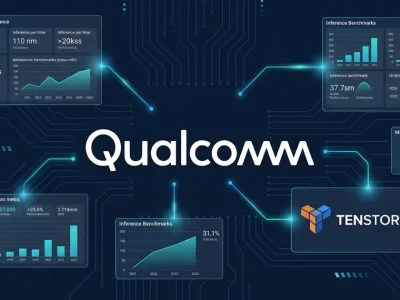 Qualcomm logo with AI data center chip data panels and Tenstorrent acquisition details on dark navy background