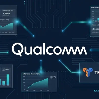 Qualcomm logo with AI data center chip data panels and Tenstorrent acquisition details on dark navy background