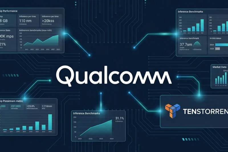 Qualcomm logo with AI data center chip data panels and Tenstorrent acquisition details on dark navy background