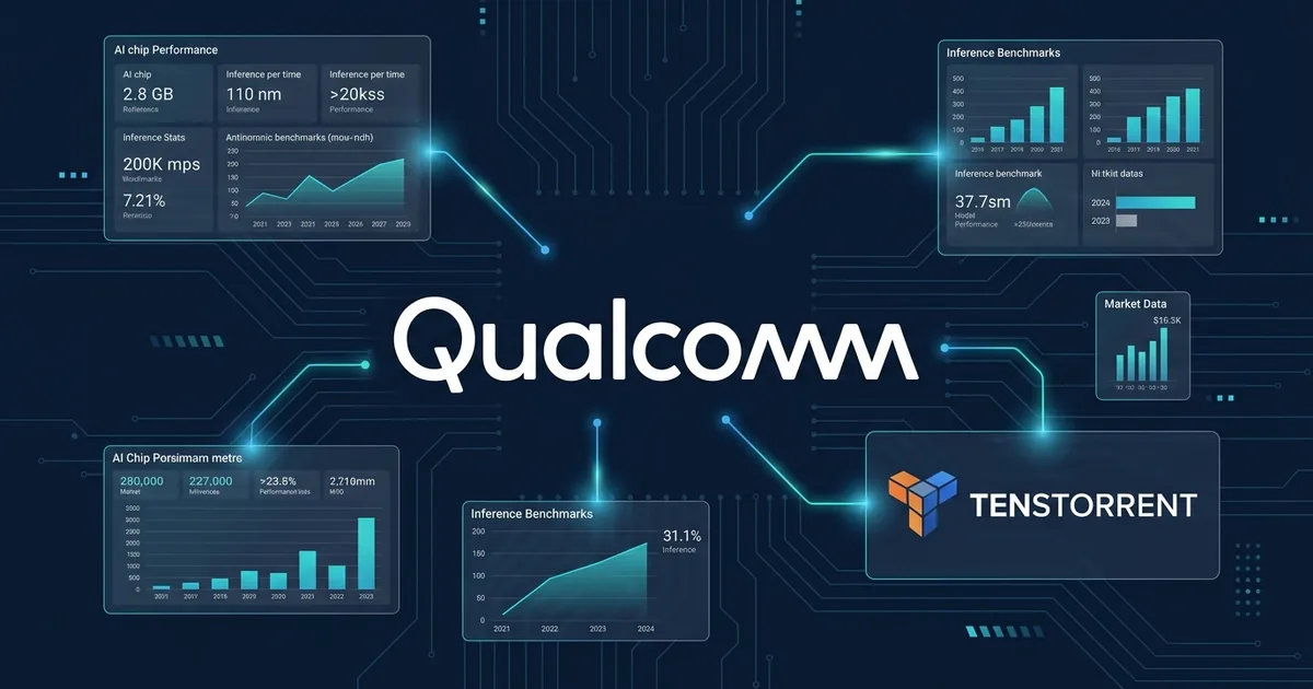 Qualcomm logo with AI data center chip data panels and Tenstorrent acquisition details on dark navy background