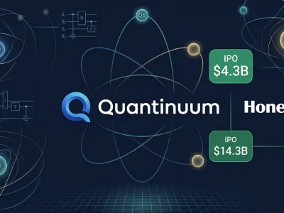 Quantinuum and Honeywell logos with quantum computing qubits, IPO 14.3 billion dollar valuation badge, and QNT ticker on dark blue dashboard